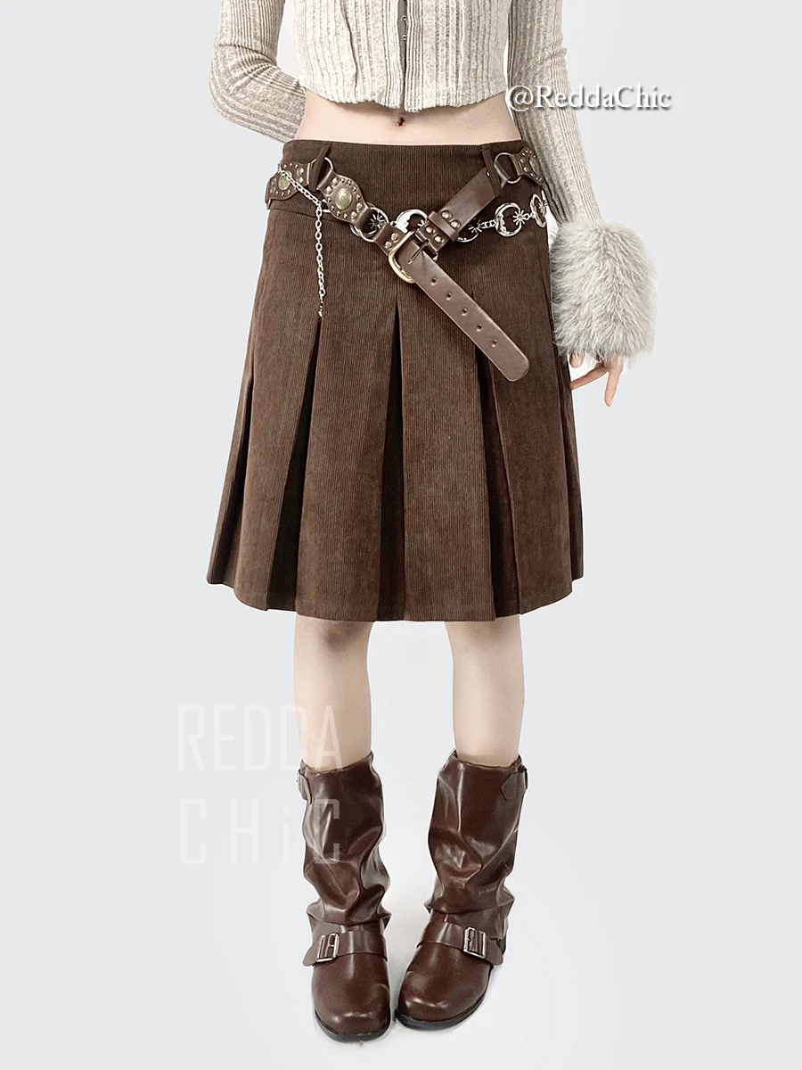 REDDACHiC Women Brown Corduroy Pleated Skirt Casual Solid High Waist A-line Slim Fit Knee Long Skirt Teen Girl Vintage Clothes