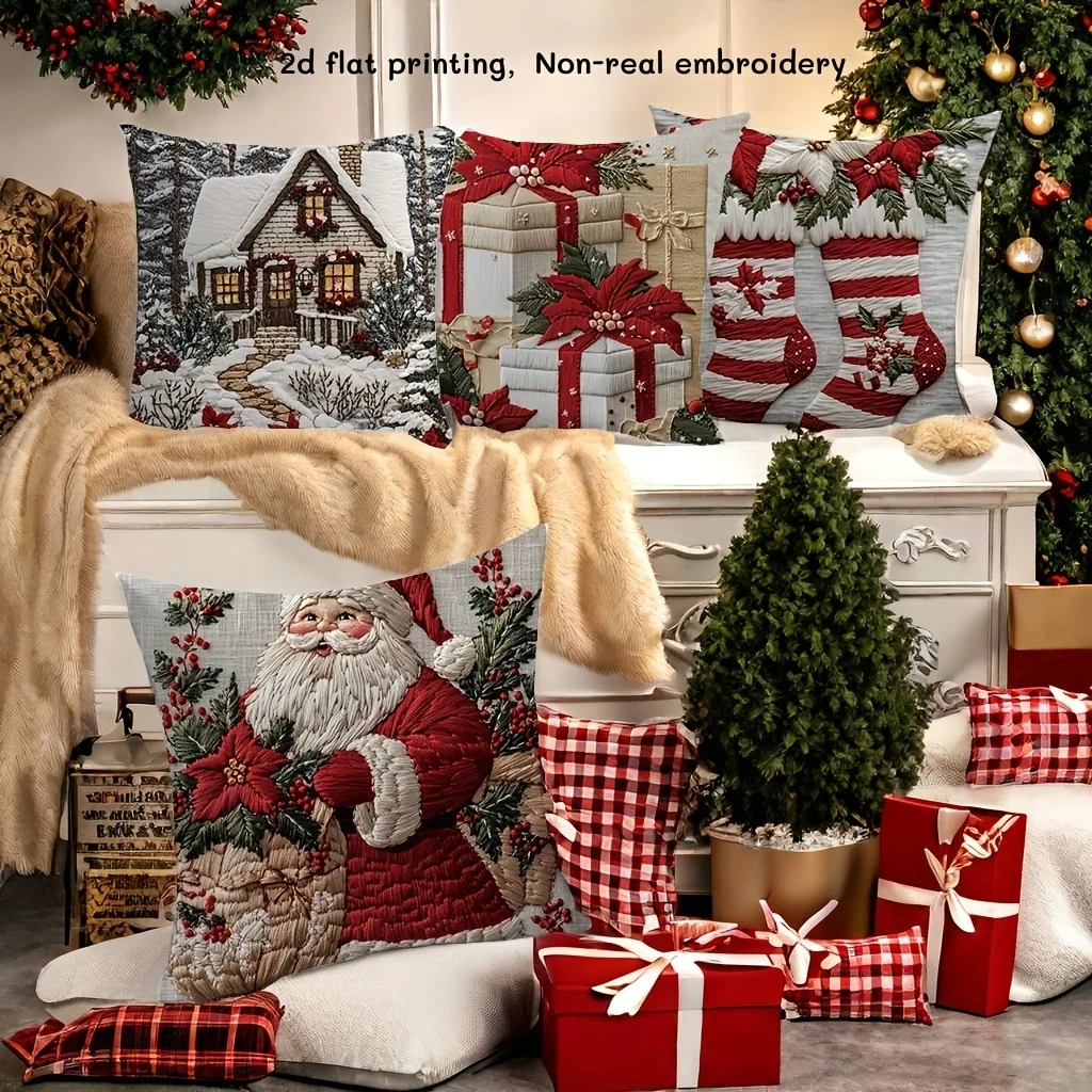 Christmas pillowcases: hut in the snow, gifts, Christmas socks and Santa Claus pattern New Year home decoration 2d flat printing