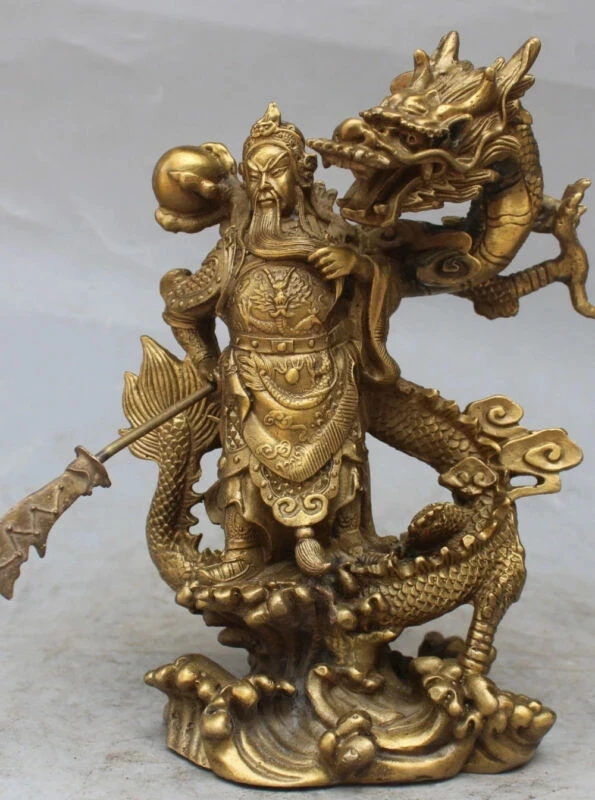 

Chinese Fengshui Brass Guan Gong Yu Warrior God Sword Stand In Dragon Statue