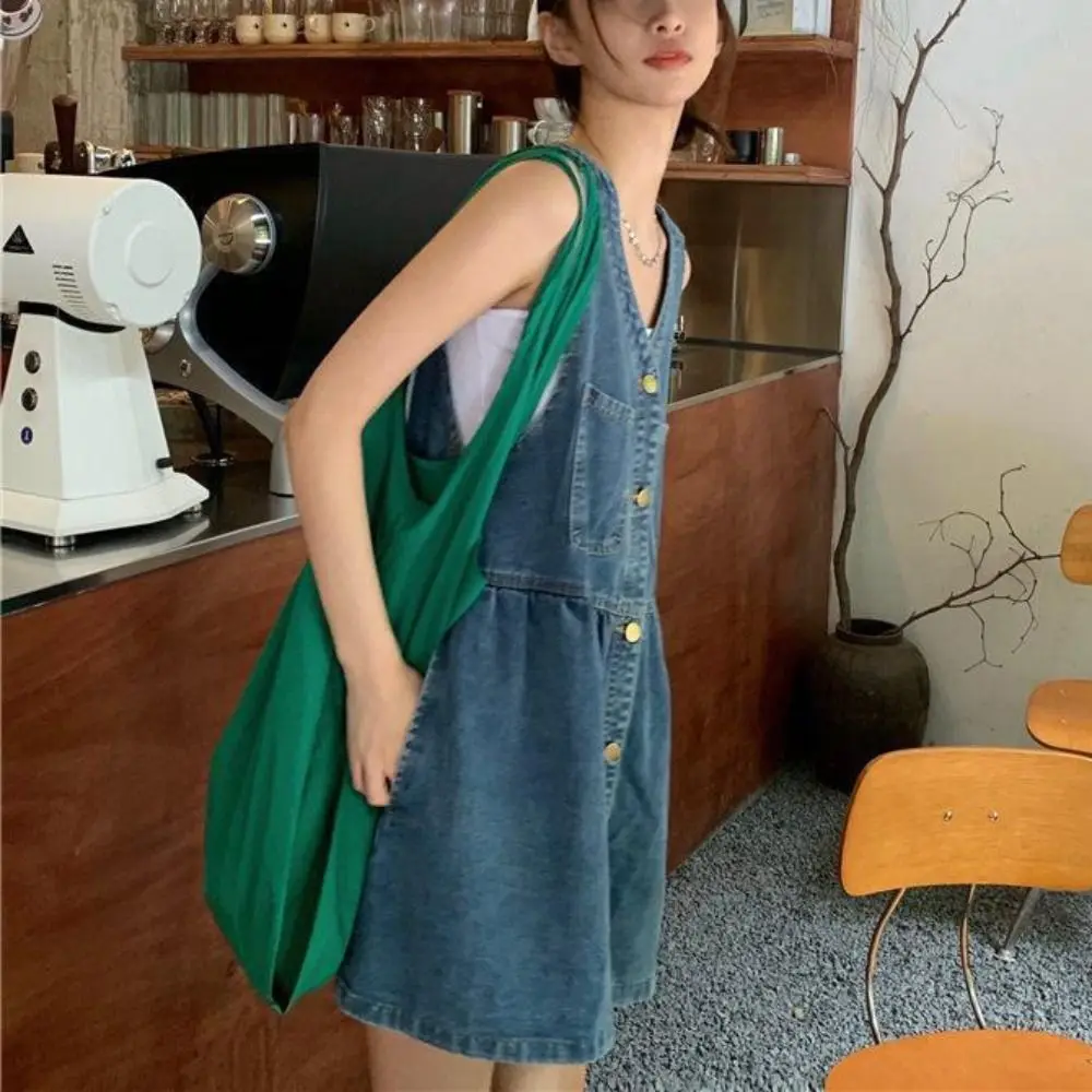 Elegant High Waisted Cowboy Strap Dress Pleated V-neck Denim Camisole Dress Single Breasted Retro Sleeveless Short Dress Club
