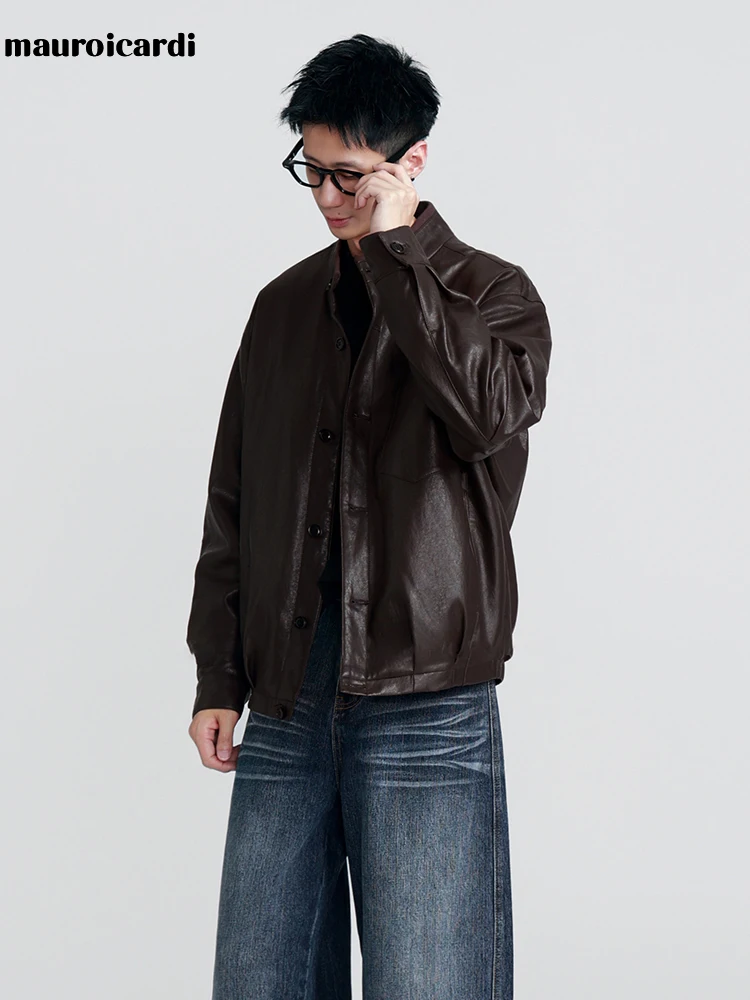 Mauroicardi Spring Autumn Brown Short Black Pu Leather Jacket Men Buttons Zipper Loose Casual Korean Fashion Menswear Clothes 3 Mauroicardi Spring Autumn Brown Short Black Pu Leather Jacket Men Buttons Zipper Loose Casual Korean Fashion Menswear Clothes 3