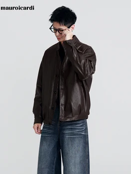 Mauroicardi Spring Autumn Brown Short Black Pu Leather Jacket Men Buttons Zipper Loose Casual Korean Fashion Menswear Clothes 3 Mauroicardi Spring Autumn Brown Short Black Pu Leather Jacket Men Buttons Zipper Loose Casual Korean Fashion Menswear Clothes 3