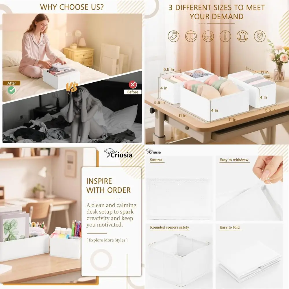 

3-Size Foldable Fabric Drawer Organizers for Clothes, White Storage Bins