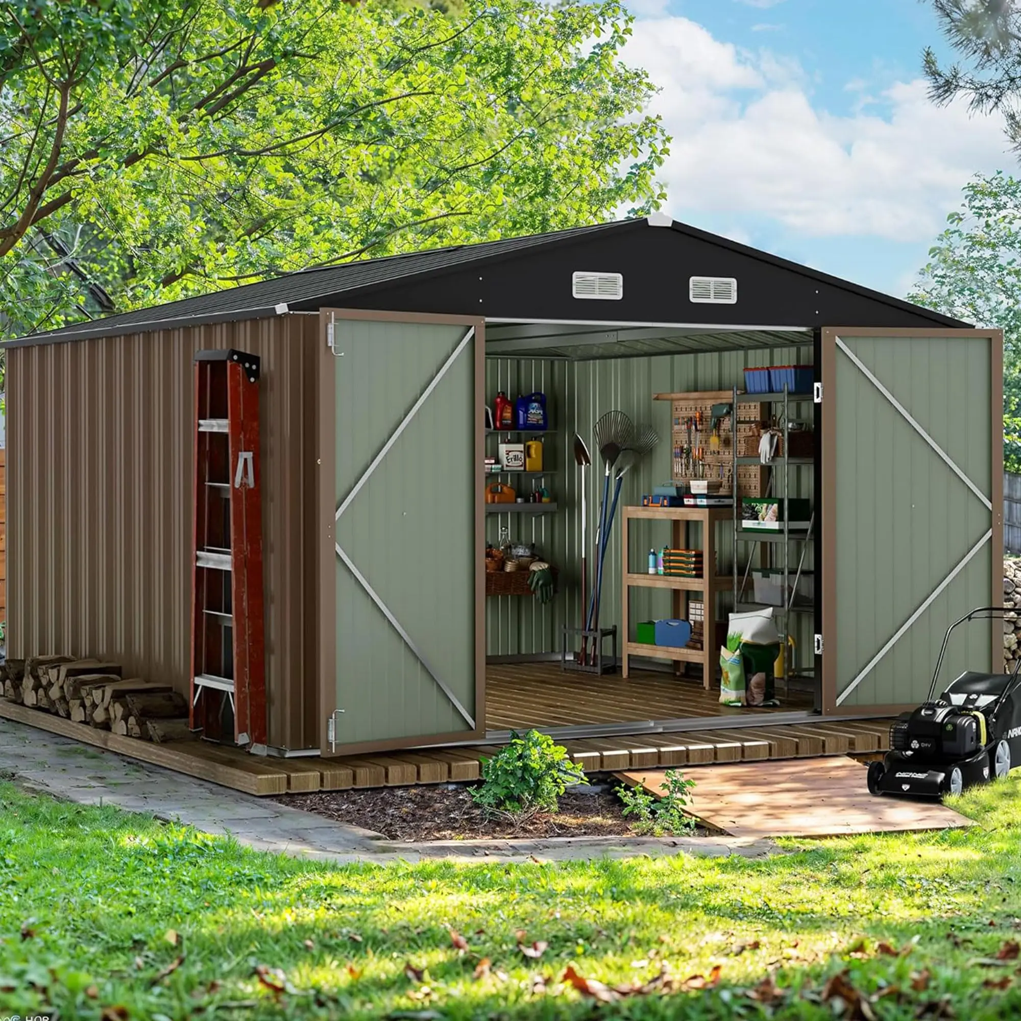 Gardening Tools Of - 10x10 FT Outdoor Storage Shed, Brown