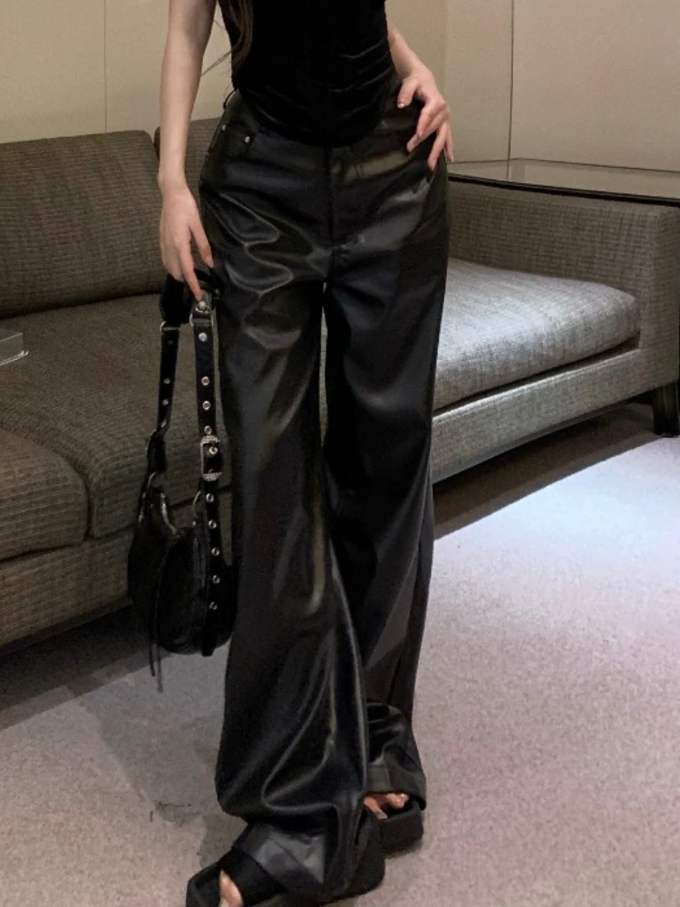 Black Korean Y2K Leather Pants Women Pockets Fashion Vintage Wide Leg Pants Female Outdoor Streetwear Chic Long Pants 2023 New