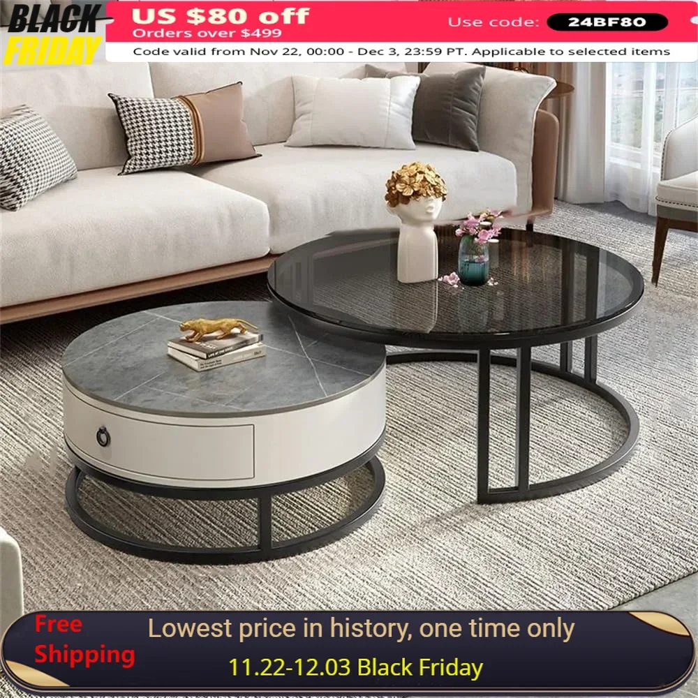 Coffee Table Set of 2, Round Center Tables with Storage Drawer Glass Slate Stone Side Table