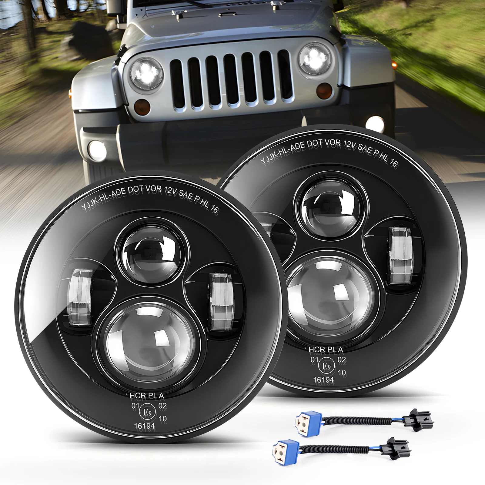 UNISHINE 2 Stück 7 Zoll LED-Scheinwerfer Fern- und Abblendlicht Weißes Fahrlicht E9 Angel Eyes IP68 für Wrangler JK TJ CJ Hummer H2 12V 24V
