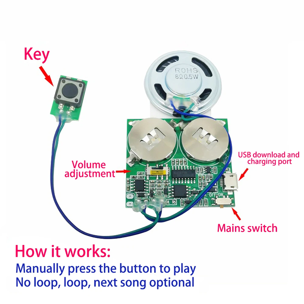 Press Button Control Activated 8M MP3 Recordable PCB Sound Module USB Downloadable Sound Module for DIY Crafts Christmas