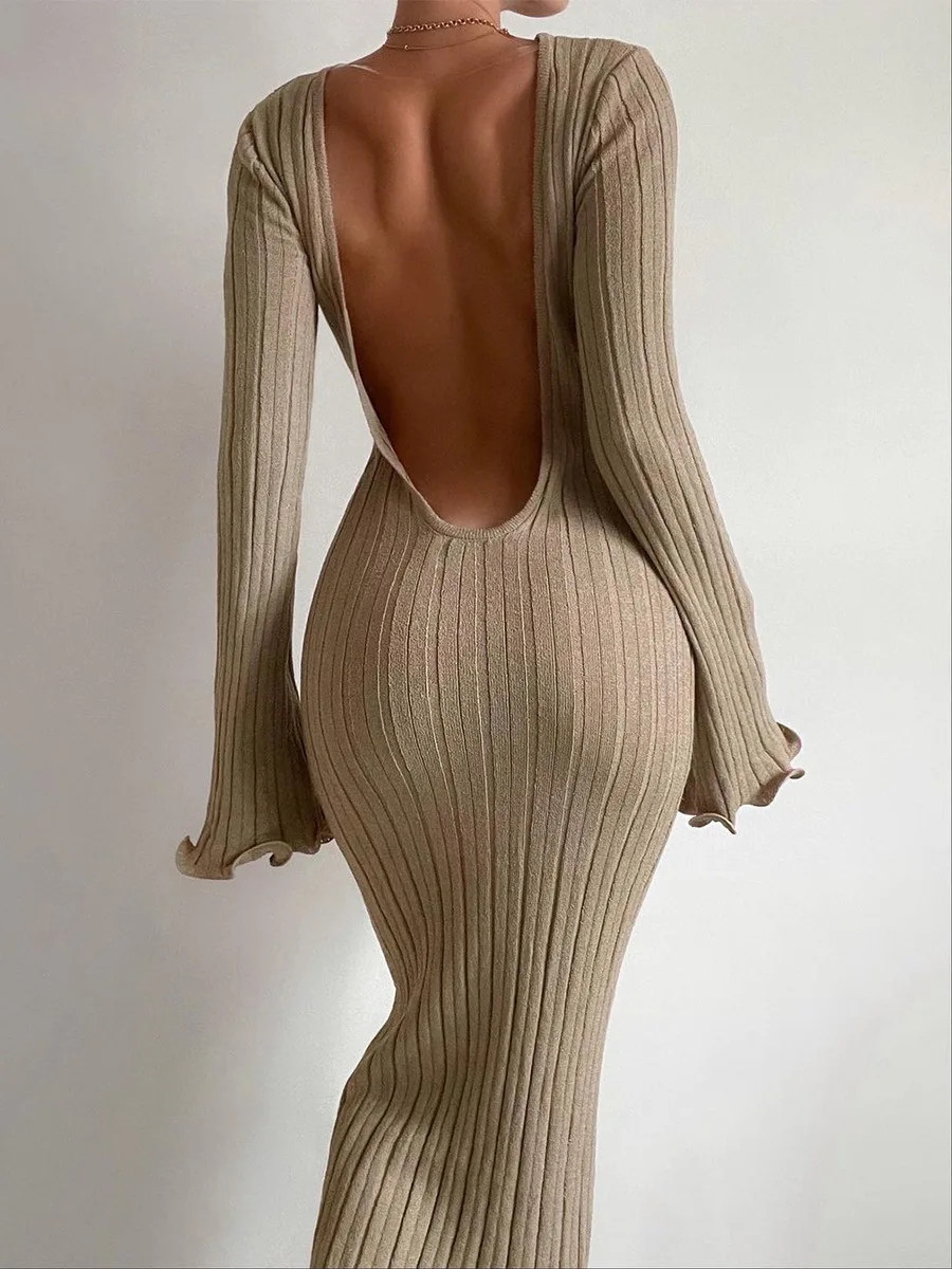 Elegant Ruffles Knitted Long Dress for Women Sexy O-neck Backless Bodycon Holidays Party Dress Autumn Long Sleeve Knitwear 2024