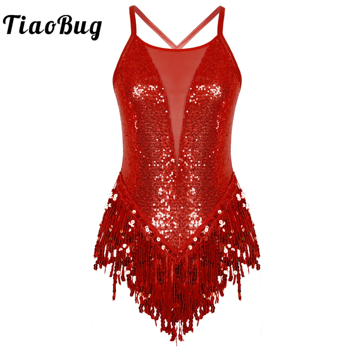 Womens Sparkly Sequins Fringed Leotard Bodysuits Jumpsuits Latin Jazz Moden Contemporary Dance Stage Performance Costumes