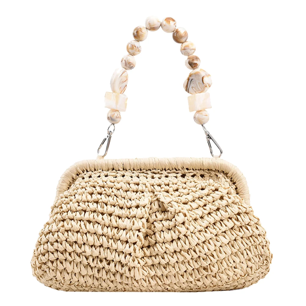Sac à main de plage de styliste d'été, sac à bandoulière avec chaîne Hobo, sacs tissés en paille pour femmes, petit sac seau avec chaîne en pierre, 2023