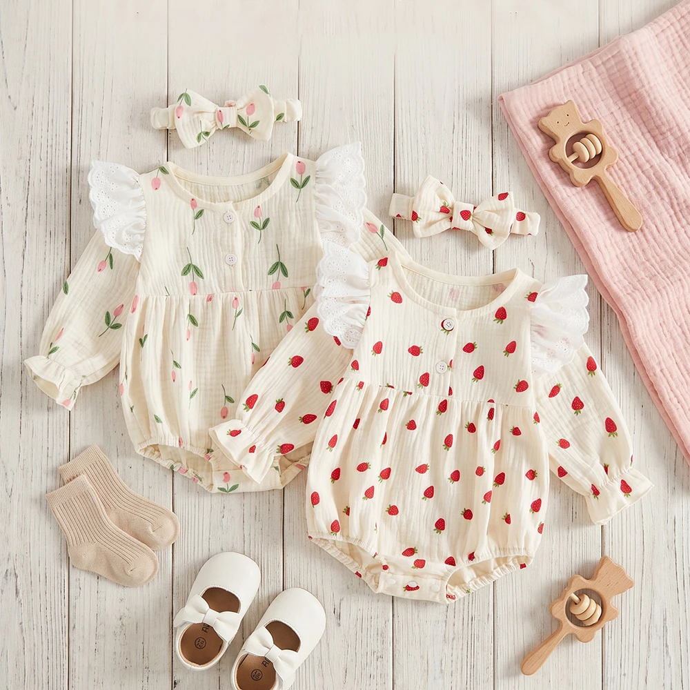 0-18M Baby Bodysuits and One-pieces Autumn Cute Strawberry Infant Bodysuit with Hairband Tulip Baby Clothing