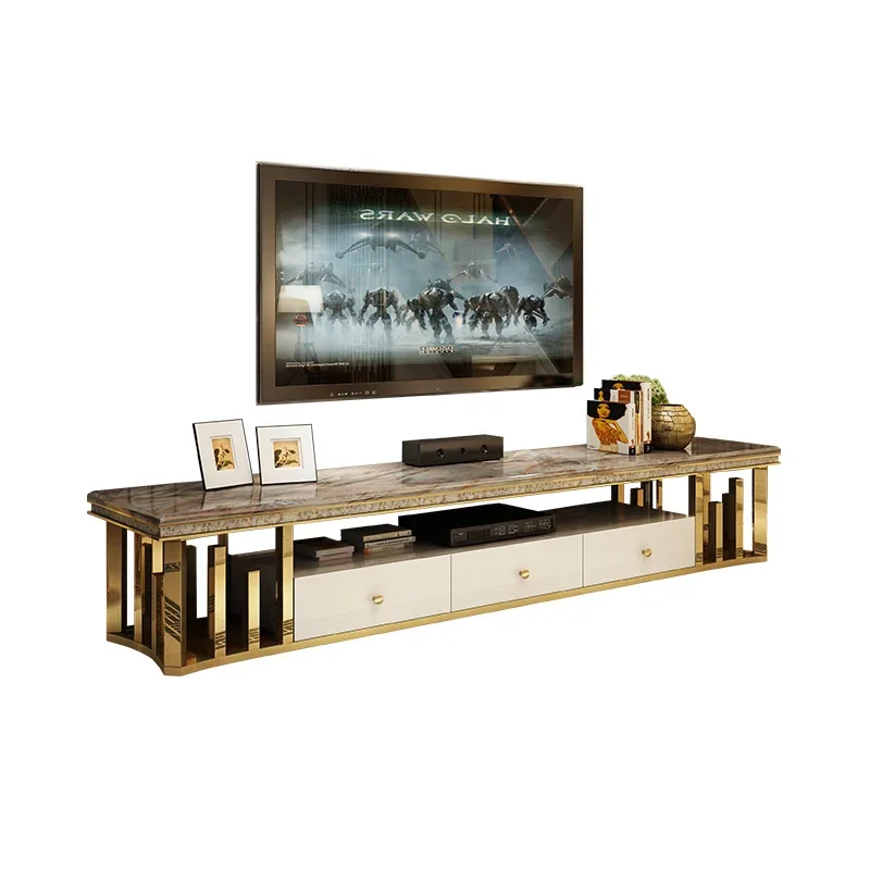 MANBAS Living Room Furniture: Natural Marble Stainless Steel TV Stand, Gold  TV Table Sticking Seashells, Modern Home TV Cabinet