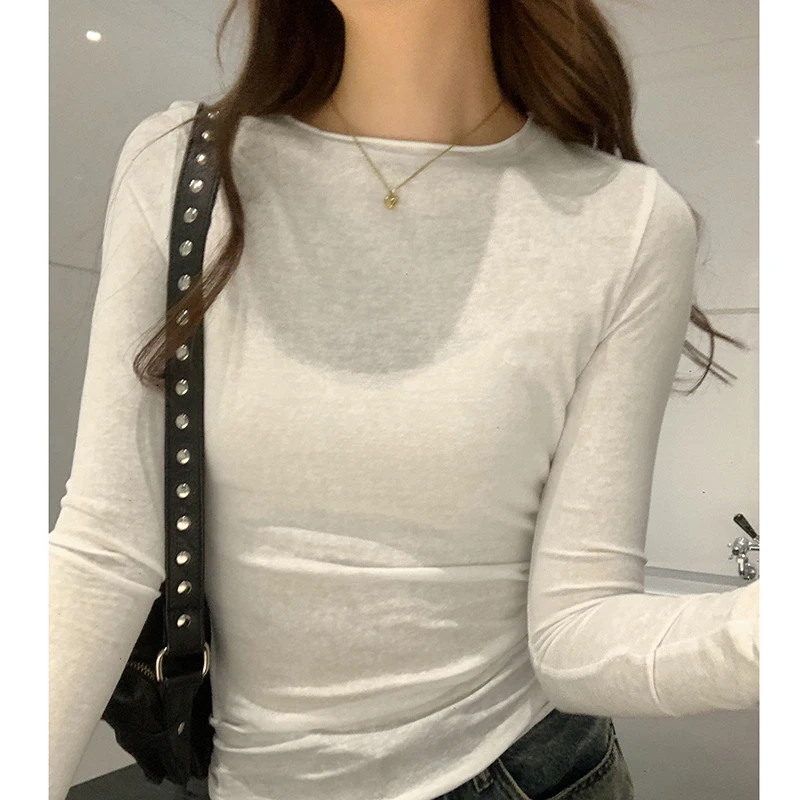 2025 Spring Autumn T shirt Women Tops Solid Slim Fit Long Sleeve O Neck Tshirts Female Casual Streetwear High Quality Base Tees