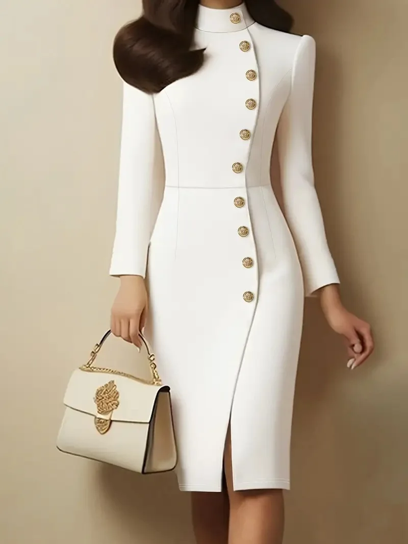 Stand Collar Long Sleeve Midi Dress Gold Button Decor Front Slit Slim Bodycon Elegant Office Women Formal Pencil Dress