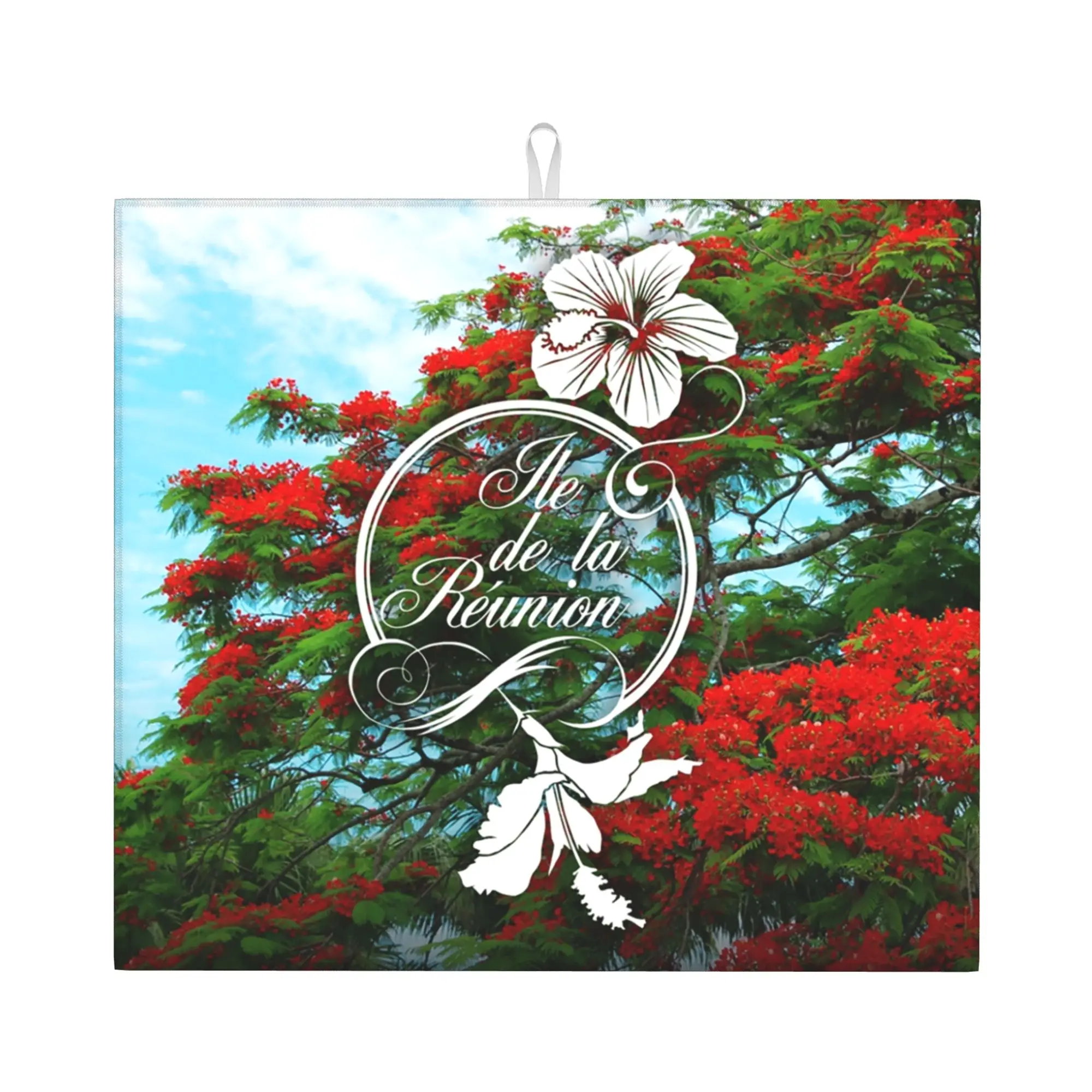 Drying Mat For Kitchen 974 Reunion Island Water Absorbent Reusable Flamboyant And Hibiscus On Slip Kitchen Counter Protector Mat