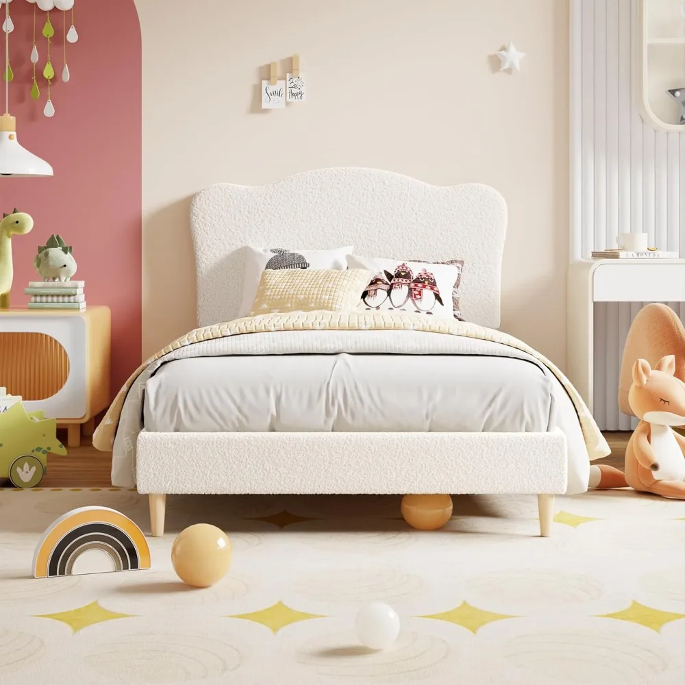 Struttura letto imbottita per bambini con testiera smerlata, grazioso letto singolo in velluto per ragazze, ragazzi, piattaforma robusta