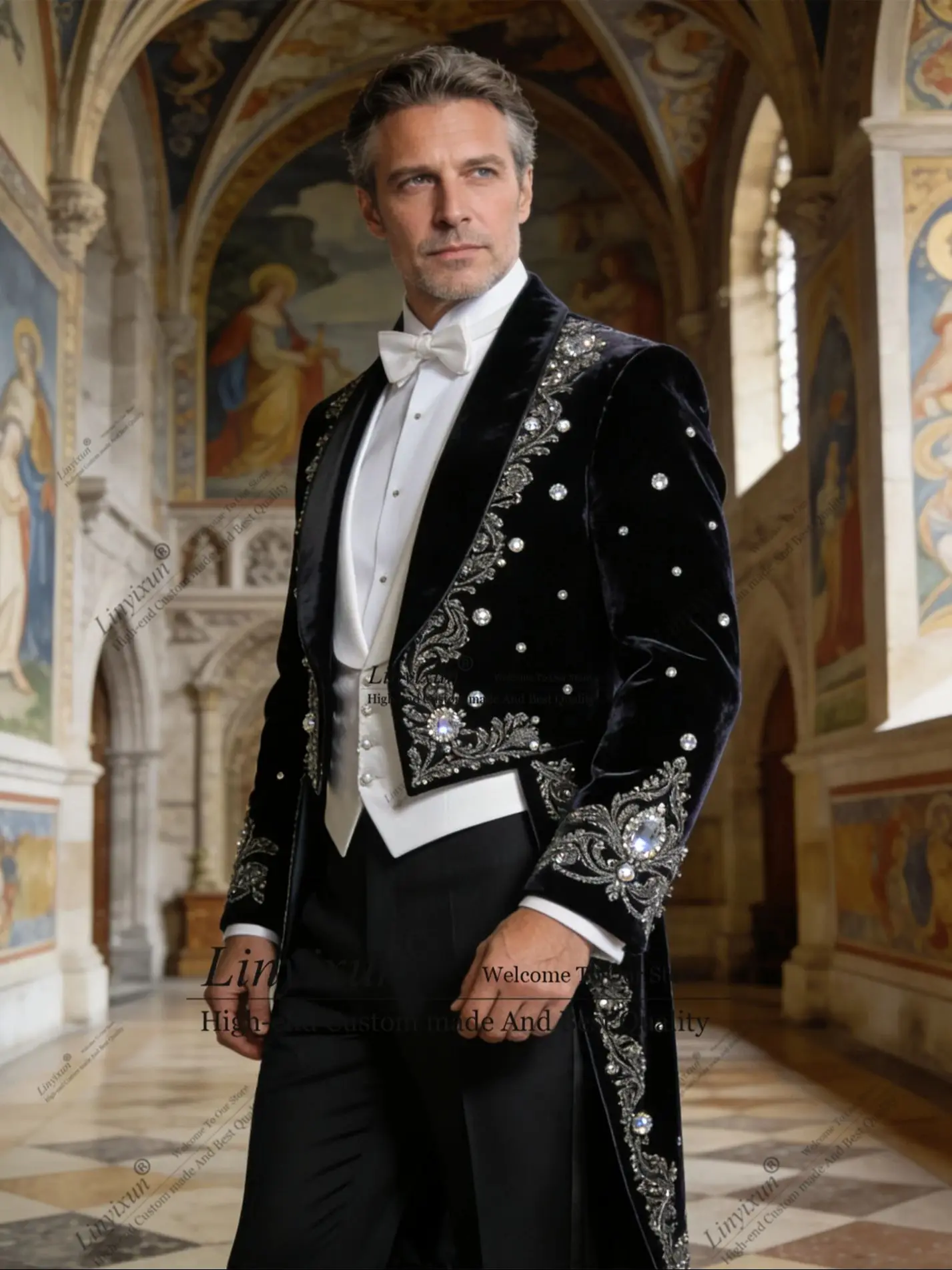 

Elegant Slim Fit Men Suits Luxury Rhinestones Crystals Groom Tuxedos 3 Pieces Sets Party Prom Blazer Customized Costume Homme