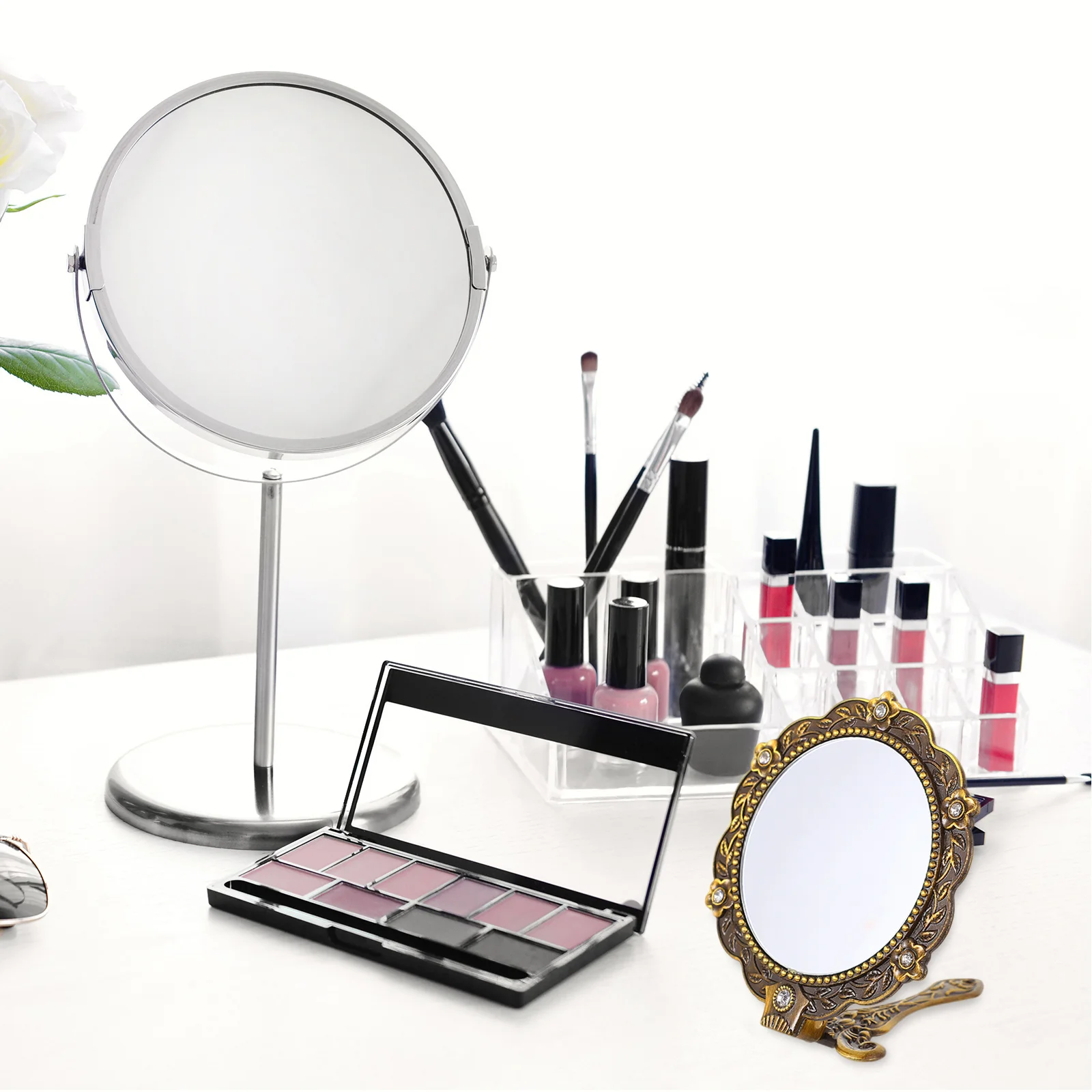 Mini-Vintage-Handspiegel, tragbar, zusammenklappbar, Make-up-Spiegel, kompakter Schminktisch für Frauen und Mädchen, Strass-Dekor, Geschenk