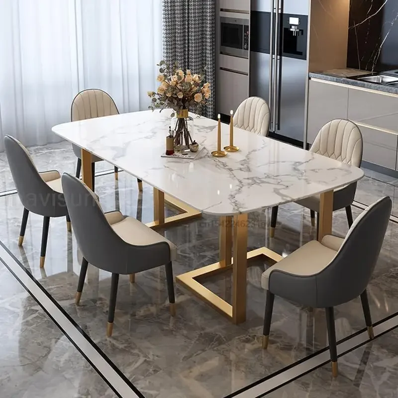 

Northern Europe Natural Dining Tables Marble Dining Table Set 6 Modern L Apartment Creative Steel Light Luxury Furniture