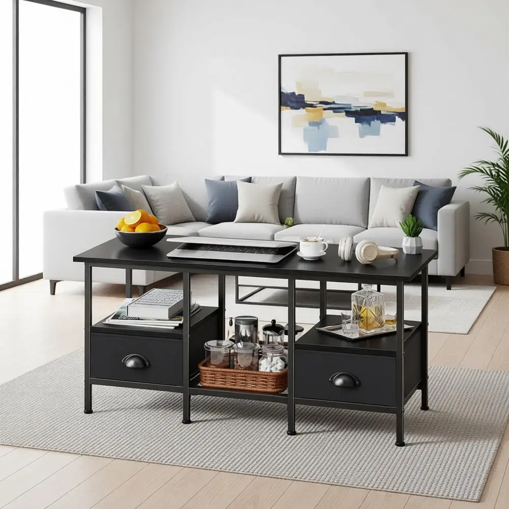

35 Coffee Table with 2 Storage Drawers, Small Coffee Tables for Living Room, Center Table with 2 Tier Shelf, Black