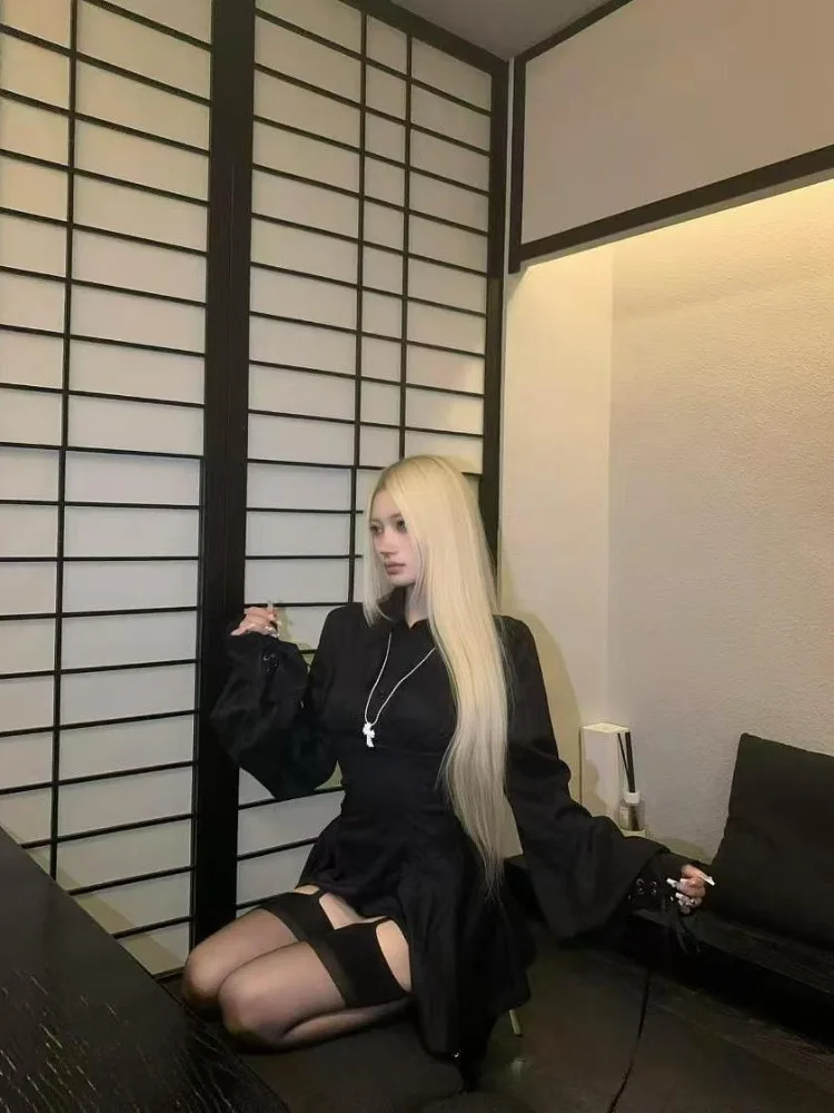 Vintage Lange Mouw Vrouwen Jurk Retro Shirt Slim Fit Taille Ontwerp A-lijn Punk Korte Rok Elegante Y2k Lente 2025, Mode Nieuwe