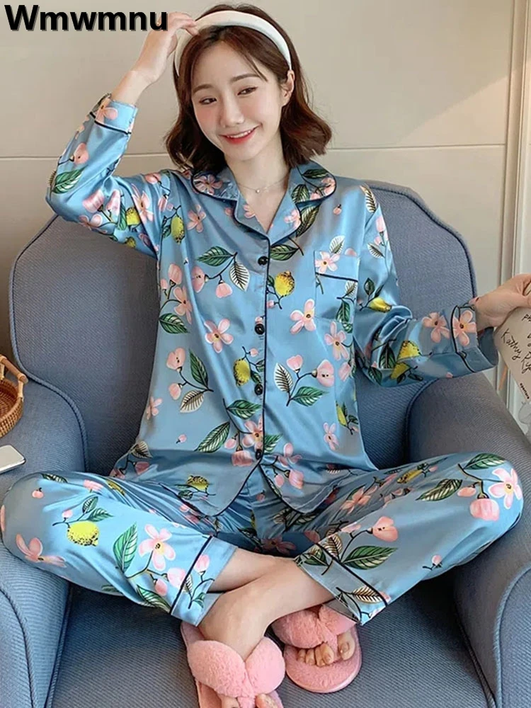 Ice Silk Satin Print Pajama Sets Womens Soft Smooth Long Sleeve Sleepwear 2 Piece Conjunto Spring Loose Pants Loungewear Suits