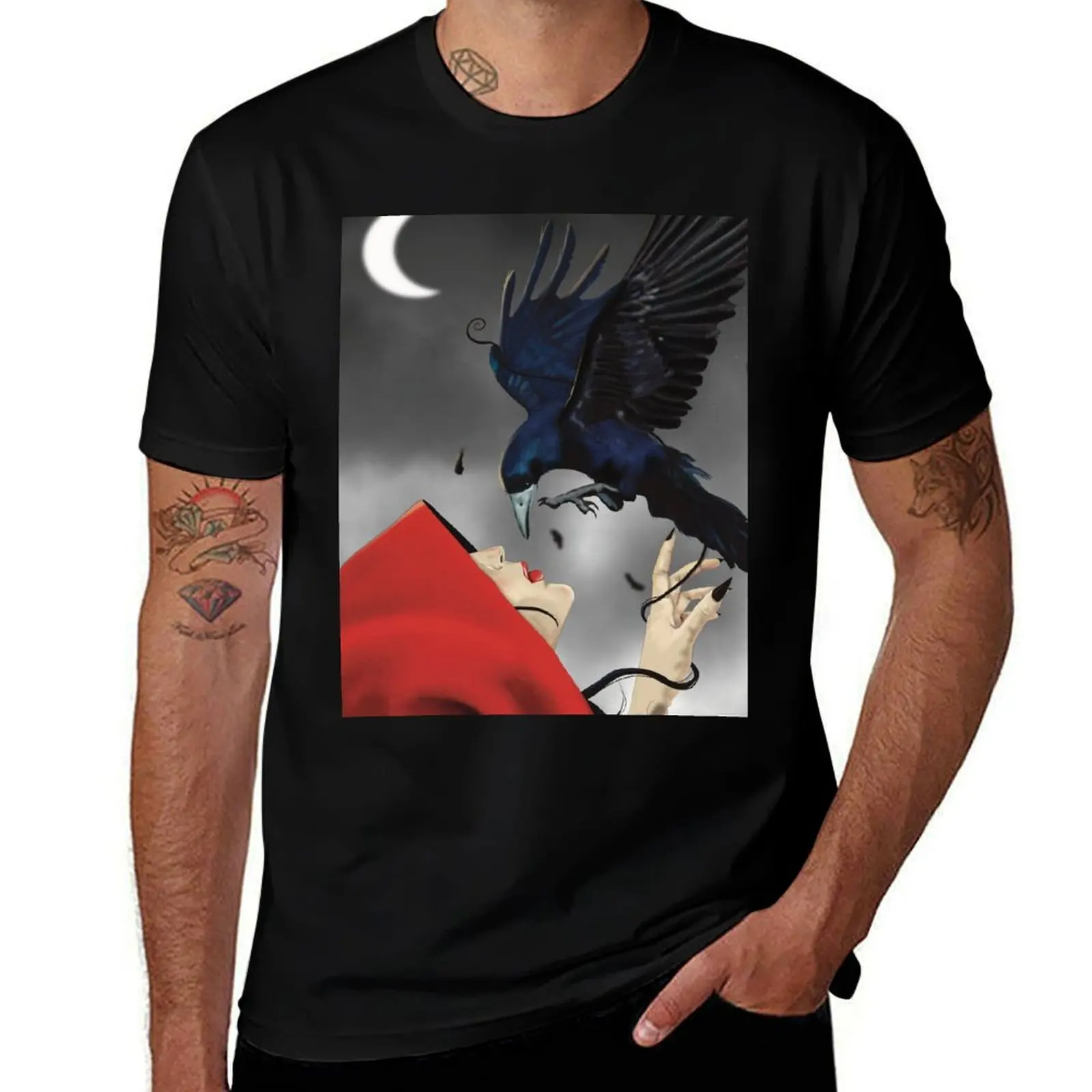 

The woman with the red cape and the raven T-Shirt t shirt man luxury t shirts for man graphic tees funny t shirts cotton T-shirt