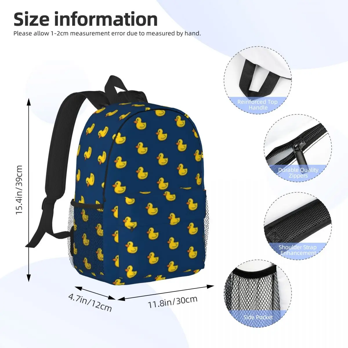 Sac à dos d'école de dessin animé de canard en caoutchouc pour filles et garçons, sac à dos étudiant de grande capacité, 15 po