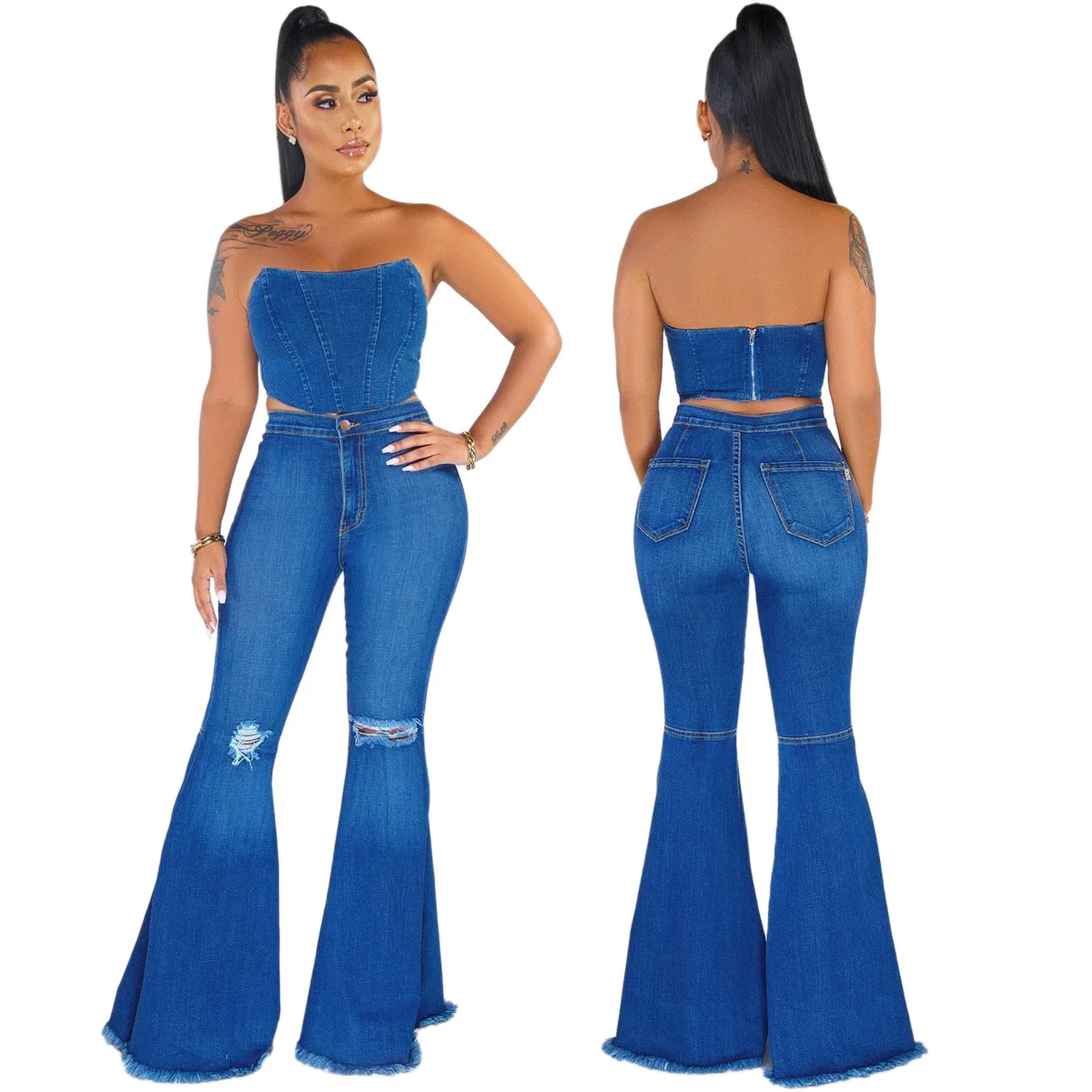 

Fashion Versatile Wide Leg, Ripped Knee Denim Horn Rough Pants Trousers jeans for women