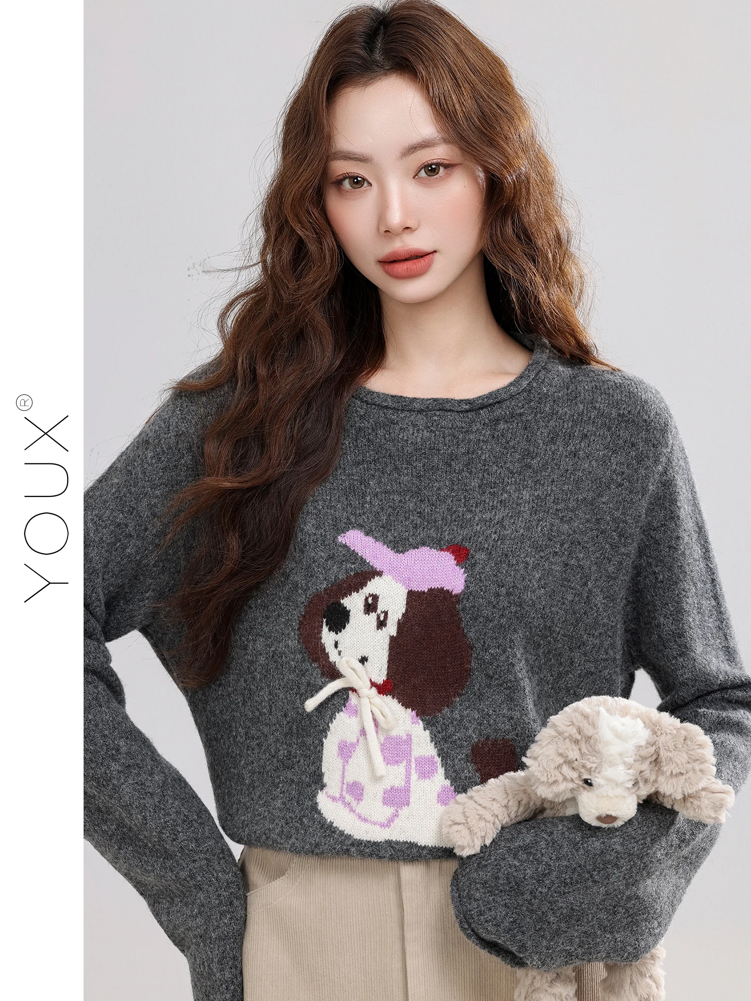 

Cute Little Dog Embroidery ey round Ne Sweater Women's Loose Fit Winter New Sle Commute Sle Polyester Blend Long Sve