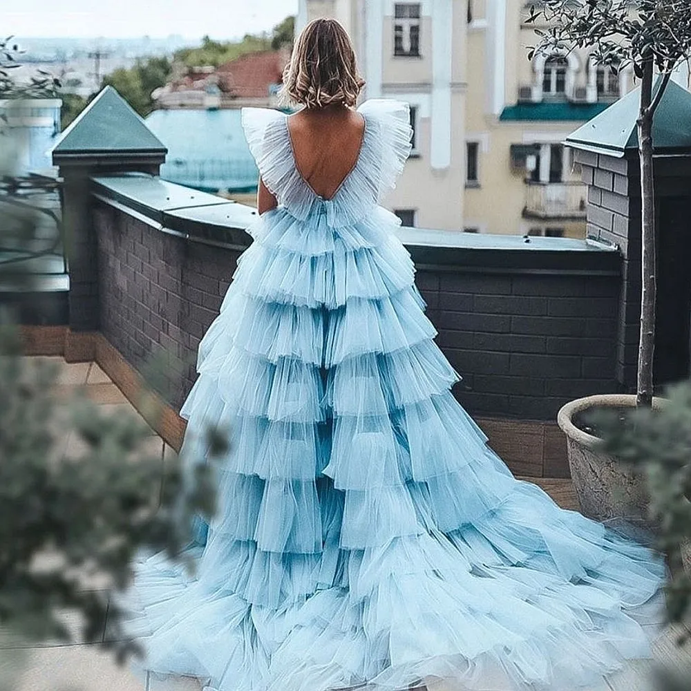 

Light Sky Blue Extra Puffy Prom Dress Tiered Tulle Sexy Backless Girls Birthday Party Dress For Photoshoota Long Robe De Soiree