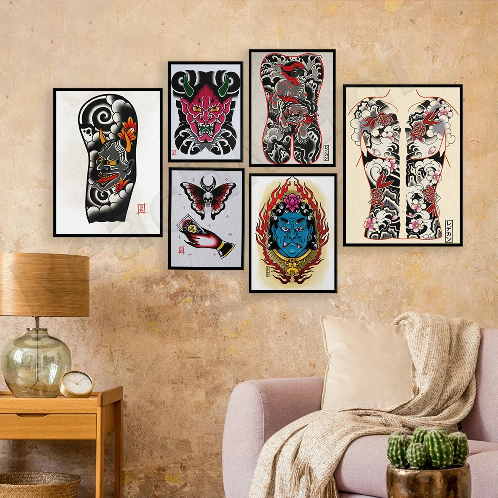 Dead moth and tarot cards, japanese half-sleeve prajna mask, karaage back tattoo, traditional tattoo poster, tattoo gift