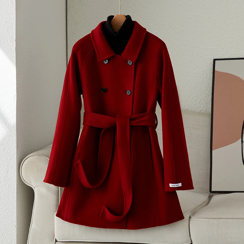 2024 Autumn/Winter New Double sided Wool Coat for Women Short, Small, Double breasted, Strap up 100 Wool Coat