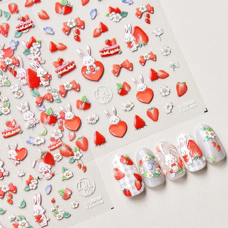 Rabbit Strawberry Cake Flower Wreath Bow Red Love Heart Bunny Poker Bowknot Embossed Relief Nail Art Stickers 3D Manicure Decals