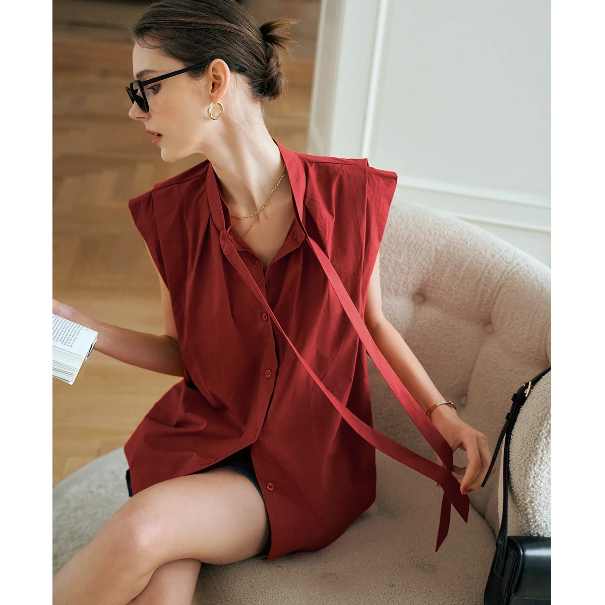 OLrain Women Summer Red Shirts 2025 Woman Elegant Stand Up Bow Neck Short Sleeve Commuter Lady Tops Female Clothing O57XC92393