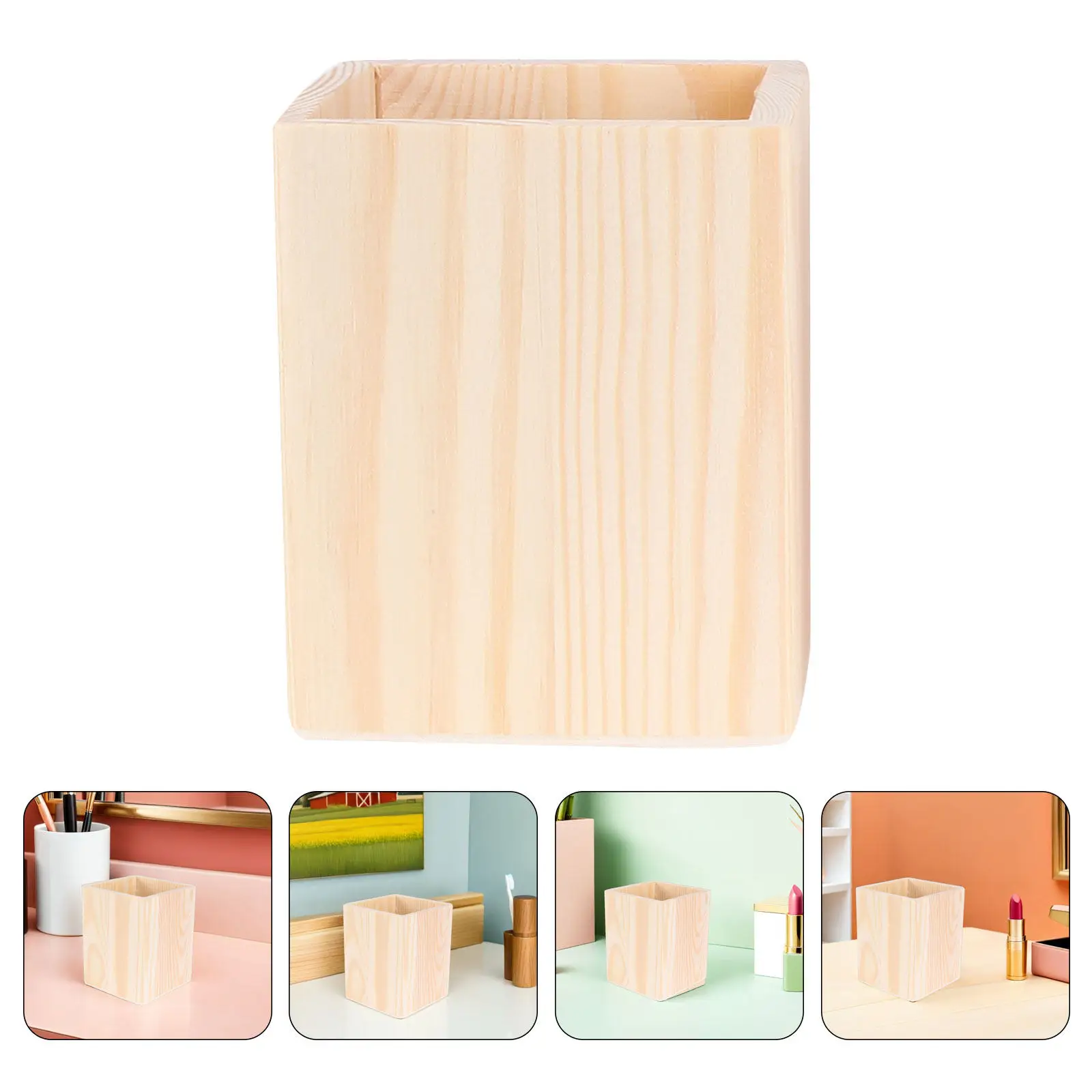 Blank Wood Pen Holder Cup DIY Unfinished Wooden Desktop Organizer for Pens Pencils Brushes Kitchen Spoons Office Supplies