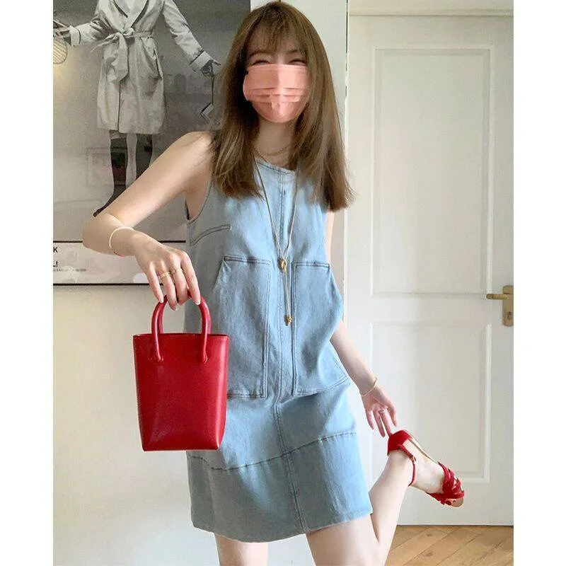 Women Dress Summer Solid Simple Vintage Denim Short Dress Tank Blue Holiday Casual Dress Vestidos