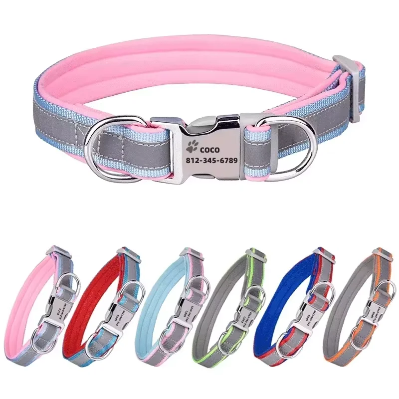 Customizable Engraved Dog Reflective Collar Soft Padded for Small Medium Large Dogs Personalized Any Text Dog ID Tag