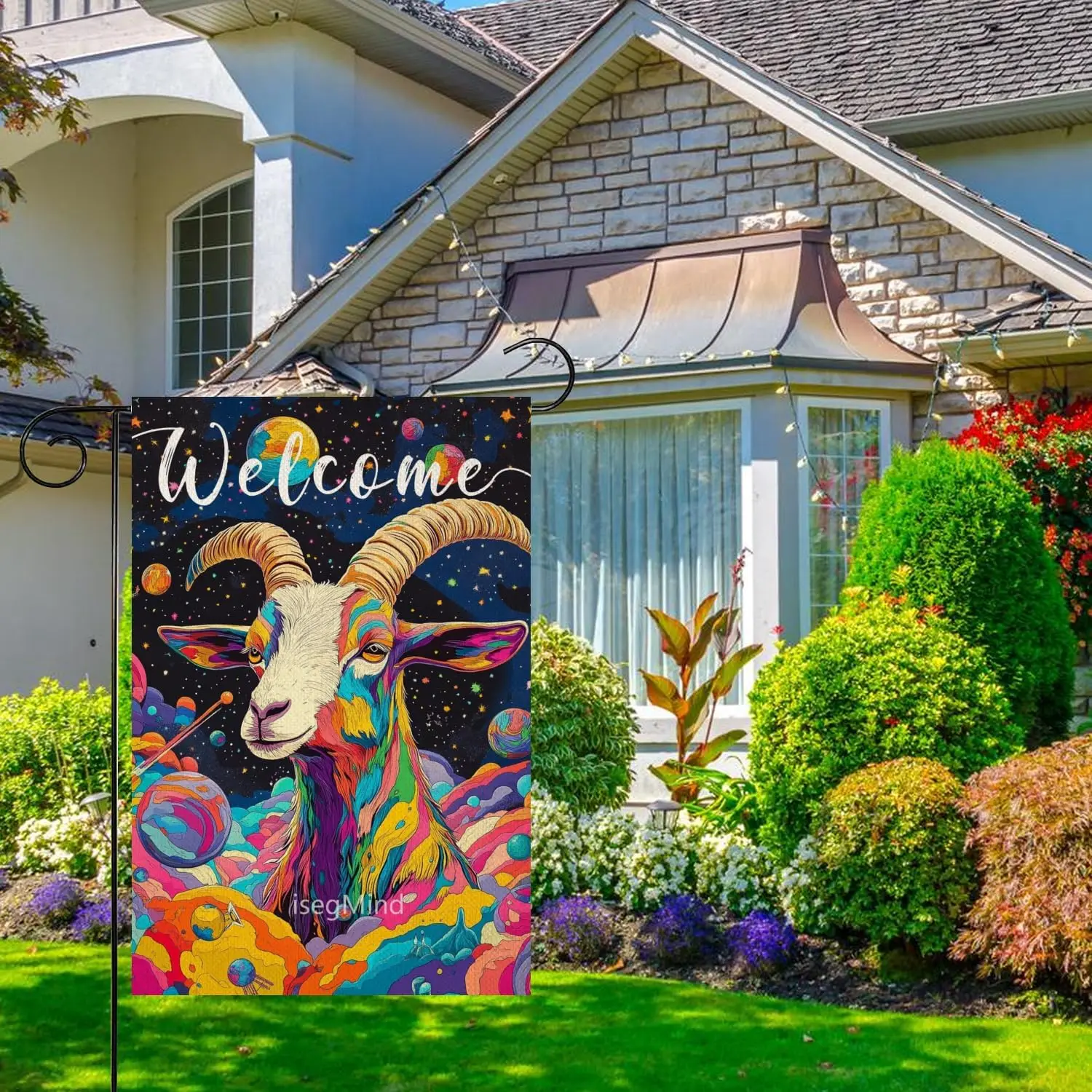 علم حديقة الماعز الملون مقاس 12 × 18 بوصة بتصميم كوكب نابض بالحياة على الكتان، علم ساحة الترحيب في الهواء الطلق للمنزل في الهواء الطلق علم زهرة FFI