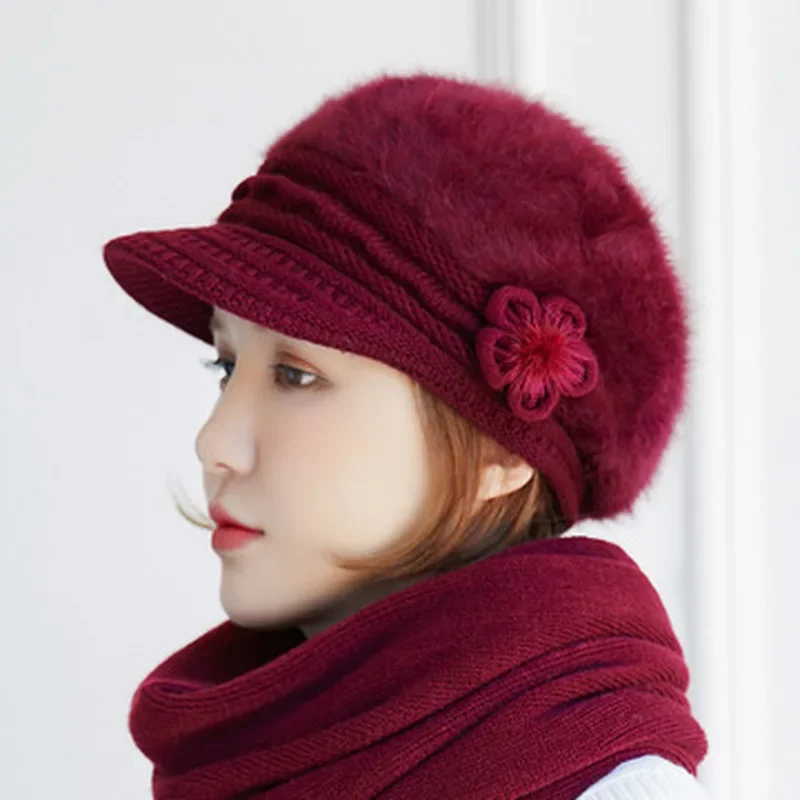 2026 Floral Embellished Lapel Beanie With Matching Scarf Women Winter Knitted Hat Scarf Set Fleece Lined Warm Ladies Accessory