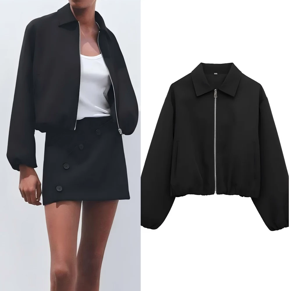 

Women's new Fashion fluffy hem short lapel jacket coat retro long sleeved zipper women's coat chic top