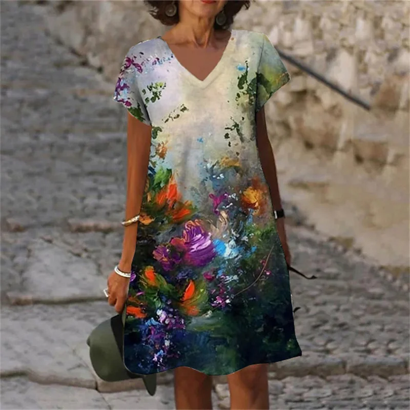 Plant Flowers Tie Dye Gradient Print Women Dress Casual V-Neck Short Sleeve A-Line Dresses Summer 2023 New Oversized Clothing