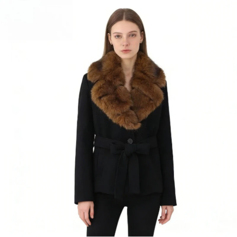 

Women's Short Belted Tweed Coat with Big Faux Fur Collar, Elegant Fall Winter Jacket, Chic Outerwear