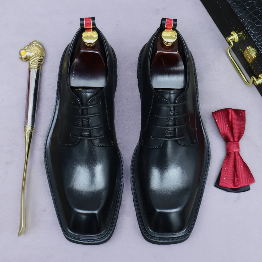 

New Thick-soled Formal Height-increasing Men's Cowhide Leather Comfortable Classic Square Head Lace-up Men's Business Shoes