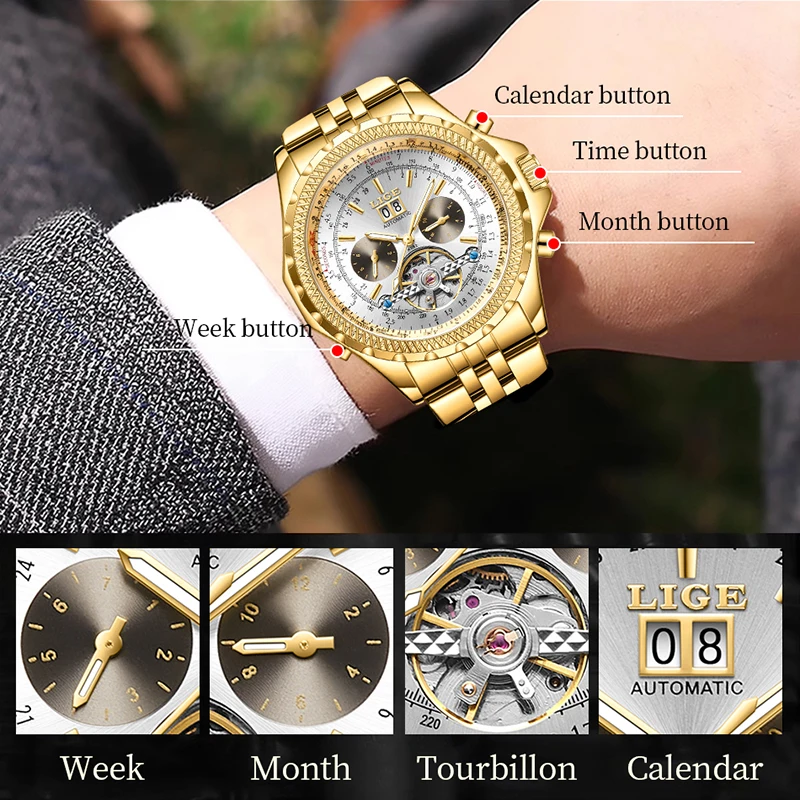 LIGE Top Brand Watch Men Automatic Tourbillon Mechanical Watch for Men Gold Multifunctional Luminous Waterproof Men\'s Watches