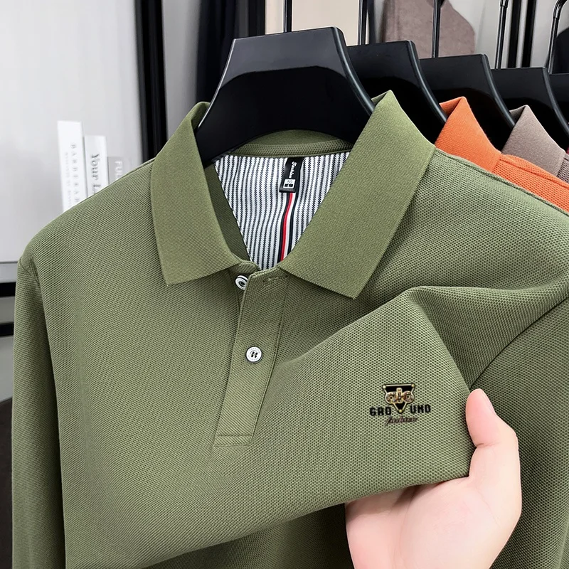 

100% pure cotton spring autumn long sleeve men's polo shirt business commuting casual comfort versatile top exquisite embroidery