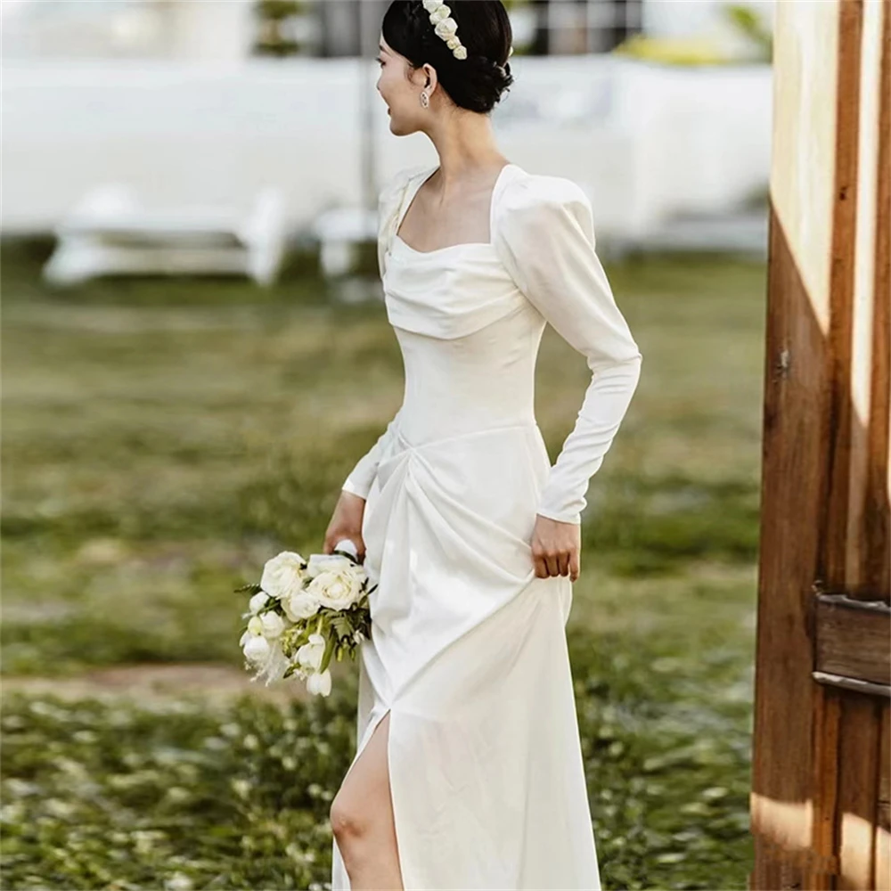 Women Long Sleeves Wedding Dresses French Simple Satin Square Neck Party Gown Vestido