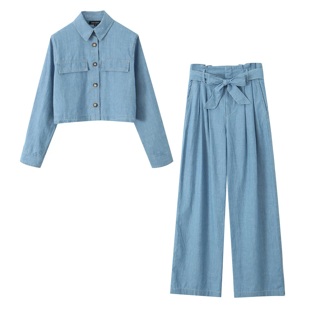 

Casual Shirt Pants 2 Piece Set for Women Blue Short Long-sleeved Shirt Top Wide Leg Wide Leg Long Pants with Belt Outfit