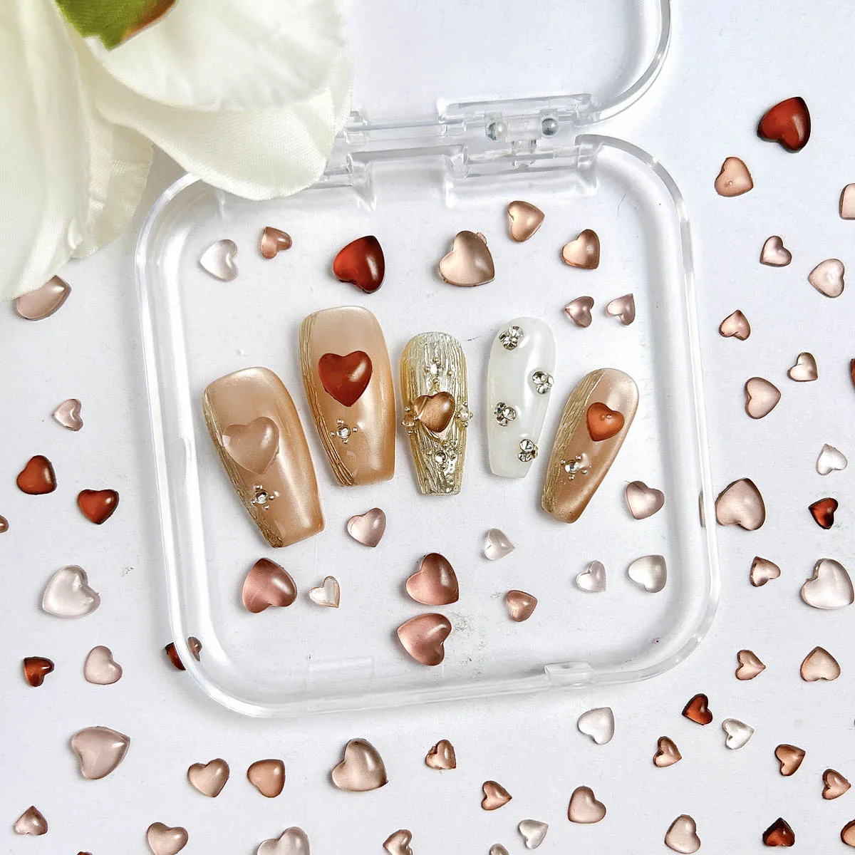 50PCS Ice Transparent Mini Big Small Heart Mixed Resin Nail Art Decorations 3D Creative Cute Brown Peach Heart Nail Charms DIY